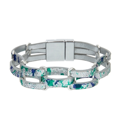 Boho de plata verde pulseras de cuero hechas a mano del abrigo trenzado de cadena de 3 capas