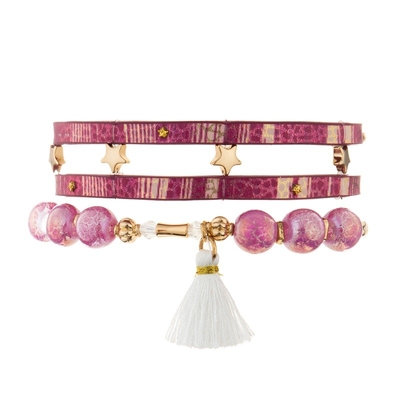 Pulsera del cuero del vintage del poder del rosa de la muchacha con la borla blanca hecha a mano