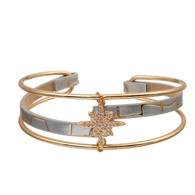 Mano del encanto de la estrella del oro del Zircon - puño abierto tejido del brazalete de cuero para la mujer