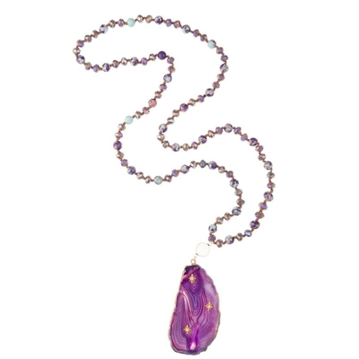 Collar moldeado hecho a mano de las cuentas de cristal con el colgante semi precioso púrpura de la ágata