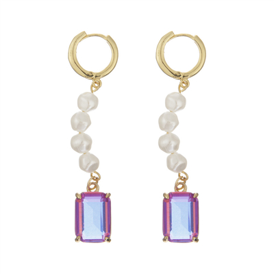 Oro pendiente de acero inoxidable de Crystal Stone Hoop Earrings Rectangular de la perla plateado