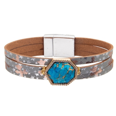 La pulsera de cuero de la hebilla magnética bohemia del estilo fijada con Zircon cae la turquesa formada