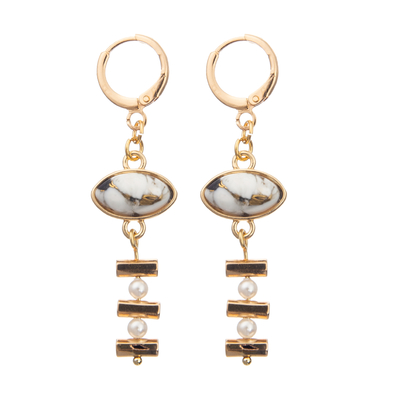 Los pendientes de cadena del aro del esmalte de la hebilla fijados con oro platearon la turquesa oval 2 perlas