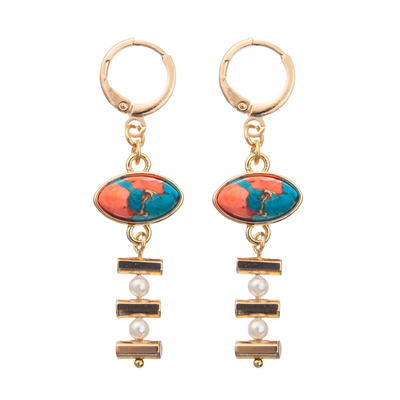Los pendientes de cadena del aro del esmalte de la hebilla fijados con oro platearon la turquesa oval 2 perlas