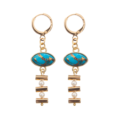 Los pendientes de cadena del aro del esmalte de la hebilla fijados con oro platearon la turquesa oval 2 perlas