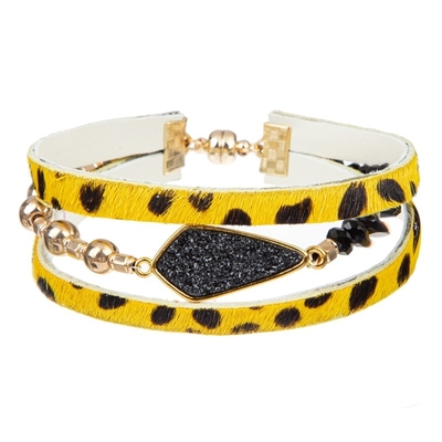 Pulsera de cuero hecha a mano de Druzy, pulsera magnética del abrigo del leopardo del botón para las mujeres