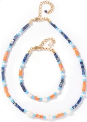 16&quot; pulsera de agua dulce de la perla de la longitud con la piedra anaranjada ajustada de la vena azul de Lapid