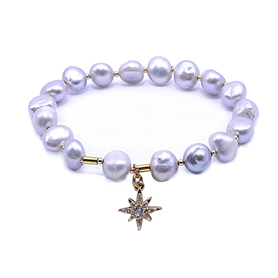 El oro real plateó la pulsera de agua dulce de la perla, 7,25 pulgadas de la estrella del norte de pulsera de la gota
