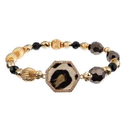leopardo blanco y negro frustrado del oro de cuero hecho a mano de la pulsera el 18.5cm de la gota de 10m m