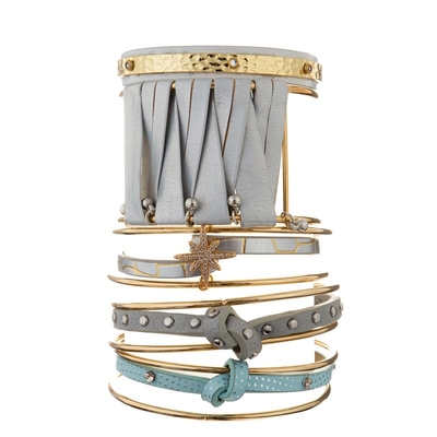 Mano del encanto de la estrella del oro del Zircon - puño abierto tejido del brazalete de cuero para la mujer