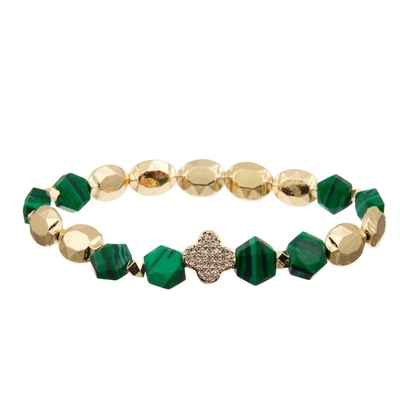 La malaquita elástica gotea la pulsera del encanto de la hoja del Zircon con la cadena del oro