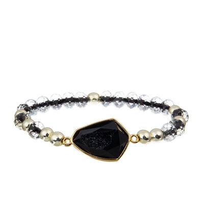 Señora fresca Round Beads Bracelet fijó Facted negro tamaño pequeño con el encanto de Druzy